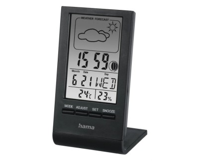 Hama Medidor de Temperatura y Humedad para Interior - Pantalla Digital - Reloj - Prevision Meteorologica - Visualizacion de Fases Lunares - 5.7x5x10.8cm - Color Negro