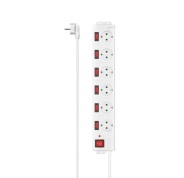 Hama Regleta Alimentacion con 6 Tomas - Potencia Maxima 3680W - Cable 1.4m - Voltaje 250V - Interruptor General e Individuales - Enchufe Schuko en Angulo - 7.2x4.1x42.3cm - Color Blanco