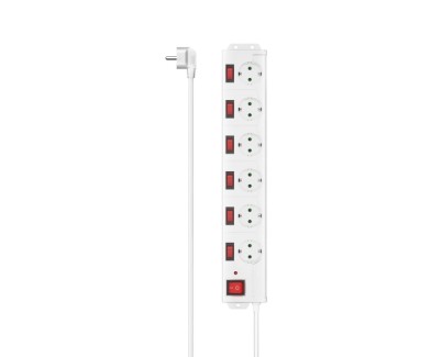 Hama Regleta Alimentacion con 6 Tomas - Potencia Maxima 3680W - Cable 1.4m - Voltaje 250V - Interruptor General e Individuales - Enchufe Schuko en Angulo - 7.2x4.1x42.3cm - Color Blanco