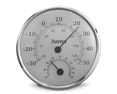 Hama Saipan Medidor de Temperatura y Humedad para Interior - Analogico - Permite Colgar en Pared - Acero Inoxidable - 12.5x2.5x12.5cm - Color Plata