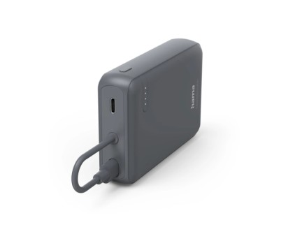 Hama Travel Bateria Externa Powerbank 10000mAh - Polimero de Litio - USB-C - Cable Integrado - Carga Rapida - 2 Conexiones de Salida - 23.5x90x63.2mm - Color Gris