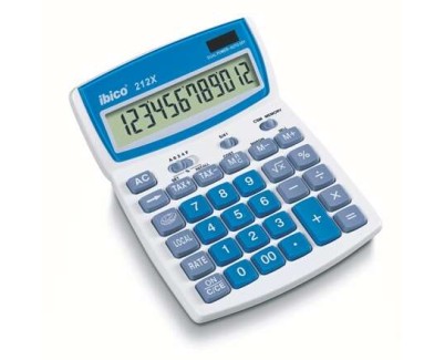 Ibico 212X Calculadora de Sobremesa Pantalla LCD de 12 Digitos Inclinable - Teclas de Relieve - Funcion Impuestos y Redondeo - Color Blanco/Azul/Gris