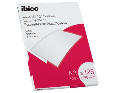 Ibico Caja de 100 Laminas de Plastificar Gloss A3 125 Micras  - Acabado Cristalino de Alto Brillo - Transparente