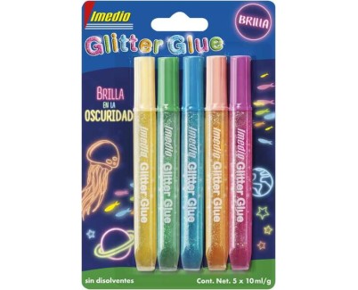 Imedio Glitter Glue \"Brilla en la Oscuridad\" Pack de 5 Tubos de Pegamento con Brillantina 10ml - Brilla en la Oscuridad - Para Distintos Materiales - Tubo Extrablando - Boquilla de Precision - Sin Disolventes - Colores Surtidos