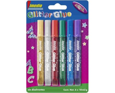 Imedio Glitter Glue \"Original\" Pack de 6 Tubos de Pegamento con Brillantina 10ml - Para Distintos Materiales - Tubo Extrablando - Boquilla de Precision - Sin Disolventes - Colores Surtidos