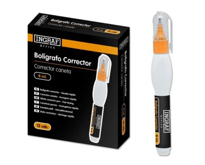 Ingraf Boligrafo Corrector 8ml - Punta Metalica Fina - Secado Rapido - Forma Ergonomica