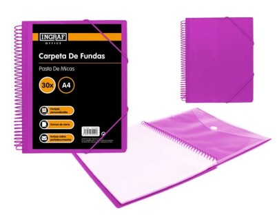 Ingraf Carpeta 30 Fundas A4 + Sobre con Broche - Espiral Plastica Indeformable - Apertura 360 Grados - Portada Personalizable - Color Morado