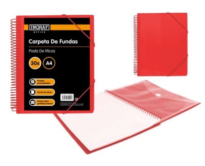 Ingraf Carpeta 30 Fundas A4 + Sobre con Broche - Espiral Plastica Indeformable - Apertura 360 Grados - Portada Personalizable - Color Rojo