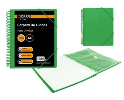 Ingraf Carpeta 30 Fundas A4 + Sobre con Broche - Espiral Plastica Indeformable - Apertura 360 Grados - Portada Personalizable - Color Verde