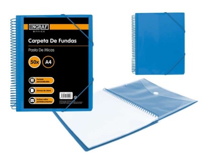Ingraf Carpeta 50 Fundas A4 + Sobre con Broche - Espiral Plastica Indeformable - Apertura 360 Grados - Portada Personalizable - Color Azul