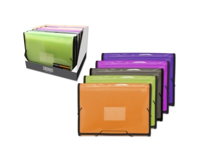 Ingraf Expositor con 10 Carpetas Frame Fuelle 13 Departamentos Tama&ntilde;o A4 - Polipropileno Translucido - Cierre con Gomas - Colores Surtidos