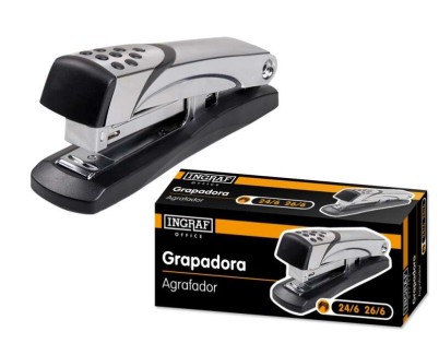 Ingraf Grapadora N5 Metalica - Cuerpo Metalico con Adornos en Plastico - Recubrimiento de Goma Antideslizante - Compatible con Grapas 24/6 y 26/6 - Color Gris