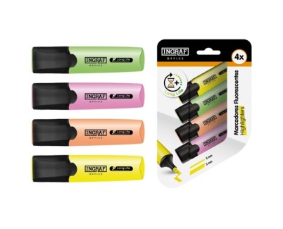 Ingraf Long-Life Pack con 4 Marcadores Fluorescentes - Punta Biselada - Trazo 2-5mm - Tinta Base de Agua - Colores Surtidos