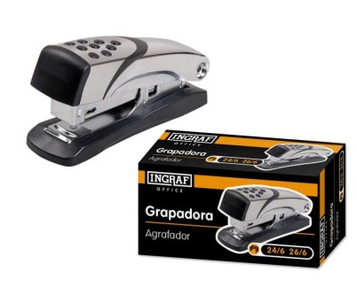 Ingraf N4 Grapadora Metalica - Cuerpo Metalico con Adornos en Plastico - Recubrimiento de Goma Antideslizante - Compatible con Grapas 24/6 y 26/6 - Color Gris
