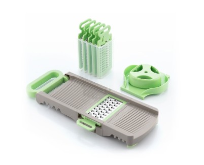 Innovagoods Choppie Mandolina 6 en 1 con Rallador - Plegable - Multifuncion - Incluye Accesorios - Facil Limpieza - Compacto y Ligero - Seguro - 14.5x14x16cm - Color Verde y Gris