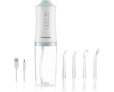 Innovagoods Denter Irrigador Dental Inalambrico - Potencia 4W - Presion 110psi - Bateria 2000mAh - Deposito de 220ml - IPX6 - Recargable - 6x21.3cm - Color Blanco