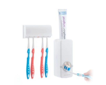 Innovagoods Diseeth Dispensador de Pasta Dental con Organizador para 5 Cepillos - Multifuncion - Facil Limpieza - Adhesivos de Calidad Incluidos - Color Blanco