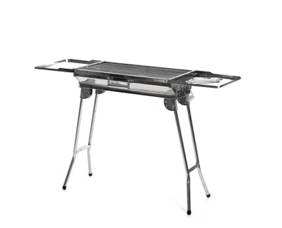 Innovagoods ExelQ Barbacoa Portatil de Acero Inoxidable - Plegable - Parrilla Extraible de 57X29cm - Asas de Transporte - Paraviento - Capacidad hasta 1.5kg de Carbon - 81x73x33cm - Color Gris