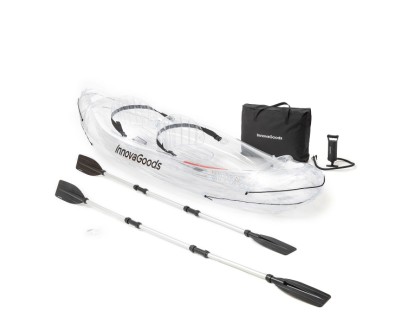 Innovagoods Kayak Inflable para 2 Personas - Bomba Manual - Soporta hasta 180kg - Incluye Accesorios - Bolsa de Transporte - 2 Remos Desmontables - 312x100x51cm - Color Transparente y Negro