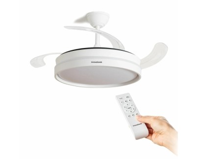 Innovagoods Keteez Ventilador de Techo con 4 Aspas Retractiles - 72W - 6 Velocidades - Luz LED - Incluye Accesorios de Montaje - Mando a Distancia - Temporizador - 49-104x42cm - Color Blanco