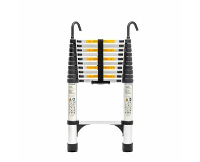 Innovagoods Ladescop32 Escalera Telescopica hasta 3.2m - Bloqueo de Seguridad - Soporta hasta 150kg - 2 Ganchos Extraibles - Antideslizante - 80-320x47x6.5cm - Color Negro y Plata