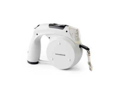 Innovagoods Leashic Correa Retractil 6 en 1 - Luz LED - Reloj - Compartimento de Bolsas y Comida - Bebedero - Extension hasta 4m - Apto hasta 35kg - Incluye Bolsas - 18x13.5x7.5cm - Color Gris y Negro