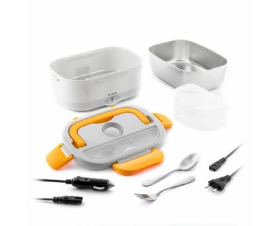 Innovagoods Lunffi Fiambrera Electrica - Capacidad 1.5L - Temperatura hasta 90&deg;C - Potencia 60W - Cables Extraibles - Recipiente de Acero Inoxidable - Tapa con Valvula - Color Naranja y Blanco