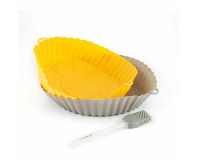 Innovagoods Mollicon Pack de 2 Cestas de Silicona para Freidoras de Aire - Antiadherente - Apto Lavavajillas - Libre de BPA - Facil Limpieza - Pincel - 24.5x4.5x21.5cm - Color Gris y Naranja