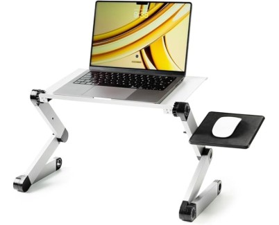 Innovagoods Omnible Mesa Ajustable Multiposicion para Portatil de Aluminio - Plegable - Soporta hasta 15kg - Bandeja para Raton - Rotable 360&ordm; - Multifuncion - 49x53x26cm - Color Gris
