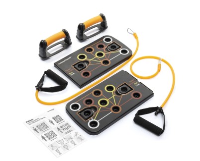 Innovagoods Pulsher Set de Entrenamiento con Bandas de Resistencia - Guia de Ejercicios - Desmontable - Antideslizante - Soporta hasta 100kg - 67x19x2cm - Color Negro y Amarillo