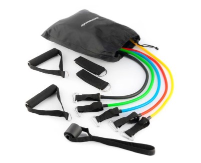 Innovagoods Rebainer Set de 5 Bandas de Resistencia con Accesorios - Resistencia Ajustable - Guia de Ejercicios - Portatil - Mangos de Espuma - Accesorios Incluidos - Colores Segun Nivel -