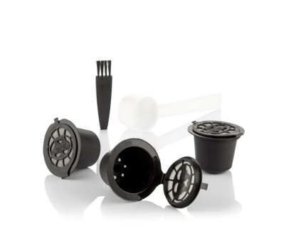 Innovagoods Recoff Pack de 3 Capsulas de Cafe Reutilizables - Acero Inoxidable - Facil Limpieza - Compatible con Cafeteras Nespresso - Sostenible y Ecologico - 3.9x3cm - Color Negro