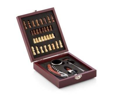 Innovagoods Set de 5 Accesorios para Vino con Juego de Ajedrez Completo - Material Madera y Acero Inoxidable - Ideal para Regalar - 15x5x17cm - Color Marron