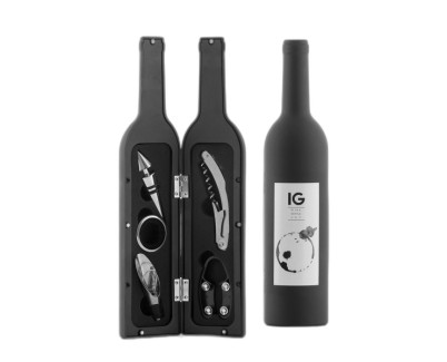 Innovagoods Set de 5 Accesorios para Vino - Estuche en Forma de Botella - Ideal para Regalar - Compacto y Practico - Cierre Imantado - Uso Decorativo - 7x33cm - Color Negro