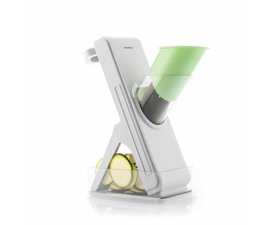 Innovagoods Slichen Mandolina Cortadora de Verduras 5 en 1 - Cuchillas Intercambiables - Plegable - Incluye Recipiente - Facil Limpieza - Seguro - 10x26.5x22cm - Color Gris, Verde y Transparente