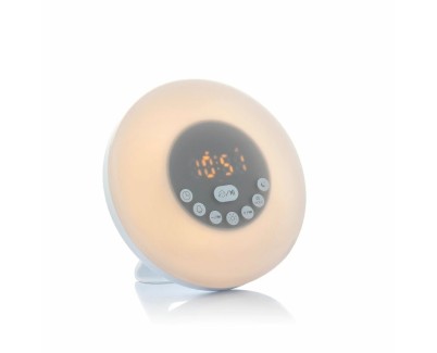Innovagoods Sunrilk Despertador Inalambrico con Altavoz - Bluetooth - Radio Fm - Bateria 1200mAh - Cable 100cm - Pantalla LCD - Recargable - Temporizador - 16x9cm - Color Blanco