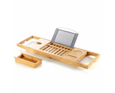Innovagoods Trayth Bandeja Extensible de Bambu hasta 104cm - Soporta hasta 12kg - Incluye Accesorios - Antideslizante - Atril Plegable - Soporte de Vasos y Copas - 104x22x4cm - Color Madera