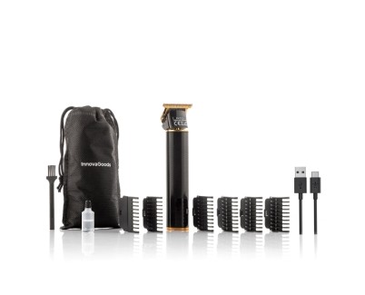Innovagoods Triher Cortapelos Profesional Recargable - Autonomia 3h - Peines Surtidos - Resistente al Agua - Bateria 1200mAh - Pantalla LCD - Incluye Accesorios - 4x16x3cm - Color Negro y Dorado
