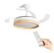 Innovagoods Woteez Ventilador de Techo con 4 Aspas Retractiles - 72W - 6 Velocidades - Luz LED - Accesorios de Montaje - Mando a Distancia - Temporizador - 49-104x42cm - Color Blanco y Madera