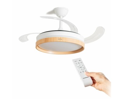 Innovagoods Woteez Ventilador de Techo con 4 Aspas Retractiles - 72W - 6 Velocidades - Luz LED - Accesorios de Montaje - Mando a Distancia - Temporizador - 49-104x42cm - Color Blanco y Madera