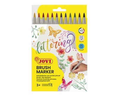 Jovi Brush Marker Pack de 12 Rotuladores Punta Pincel 4.5mm - Punta Suave y Flexible - Trazos Finos y Gruesos - Tinta Base Agua - Ideal para Lettering - Colores Surtidos