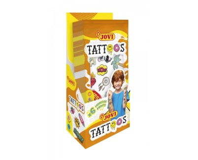 Jovi Expositor con 24 Packs de Tatuajes Temporales - 6 Laminas por Pack - Mas de 80 Motivos - Emoticonos, Animales, Objetos etc... - Sin Parabenos - Libre de Alergenos