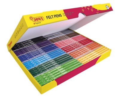 Jovi Felt Pens Caja de 144 Rotuladores - Punta de 3mm - Capuchon Ventilado - Grip Triangular Ergonomico - Tinta de Gran Fijacion - Ideal para Colegios - Colores Surtidos