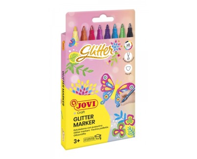 Jovi Glitter Marker Caja con 8 Rotuladores Efecto Purpurina - Tinta Base Agua - Grip Triangular Ergonomico - Punta Resistente - Tapon de Seguridad - Trazo Homogeneo - Color Surtido