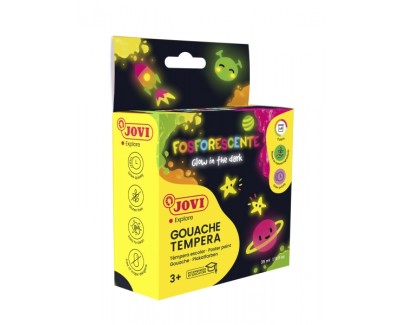 Jovi Gouache Estuche de 4 Botes de Tempera 35ml Tempera Escolar - Colores Fosforescentes - Brilla en la Oscuridad - Secado Rapido - Excelente Adherencia - Lista para Usar - Color Surtido