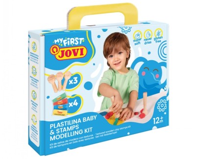 Jovi My First Plastilina Kit de Modelaje con 4 Pastillas de Plastilina 38gr + 3 Estampadores de Madera - Super Blanda - Estimula Creatividad y Sensibilidad Tactil - Fortalece Musculos de Manos y Dedos - Colores Surtidos