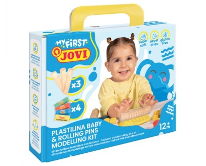 Jovi My First Plastilina Kit de Modelaje con 4 Pastillas de Plastilina 38gr + 3 Rodillos de Madera - Super Blanda - Estimula Creatividad y Sensibilidad Tactil - Fortalece Musculos de Manos y Dedos - Colores Surtidos