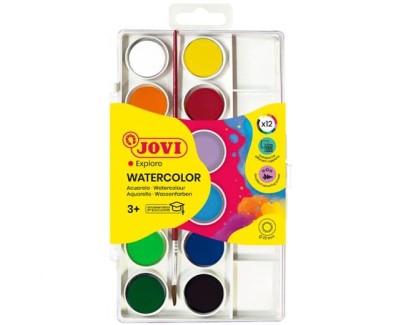 Jovi Pack de 12 Acuarelas en Pastilla 22mm + Pincel - Brillantes - Facilmente Mezclables - Colores Surtidos
