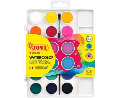 Jovi Pack de 18 Acuarelas en Pastilla 22mm + Pincel - Brillantes - Facilmente Mezclables - Colores Surtidos