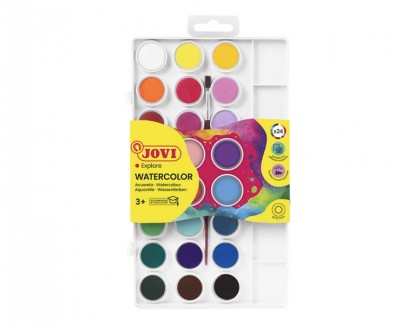 Jovi Pack de 24 Acuarelas en Pastilla 22mm + Pincel - Brillantes - Facilmente Mezclables - Colores Surtidos